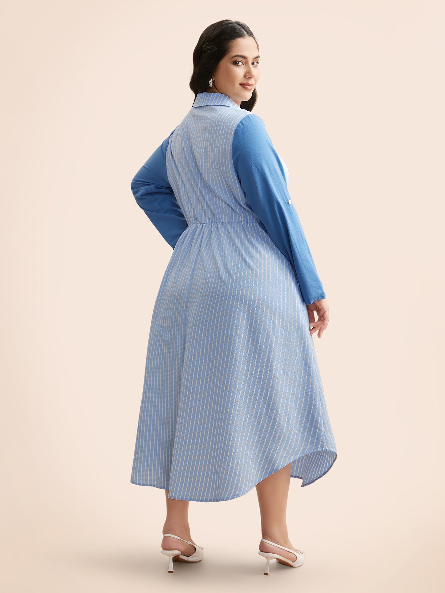 Striped Patchwork Contrast Tab Sleeve Dress