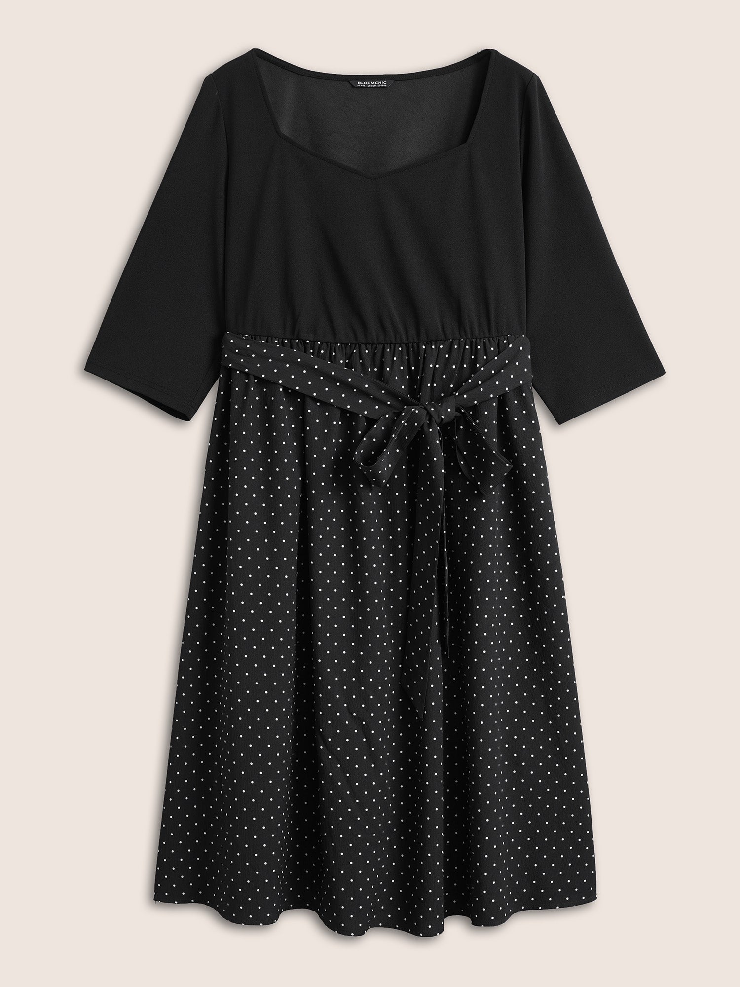 Polka Dot Patchwork Belted Square Neck Dress