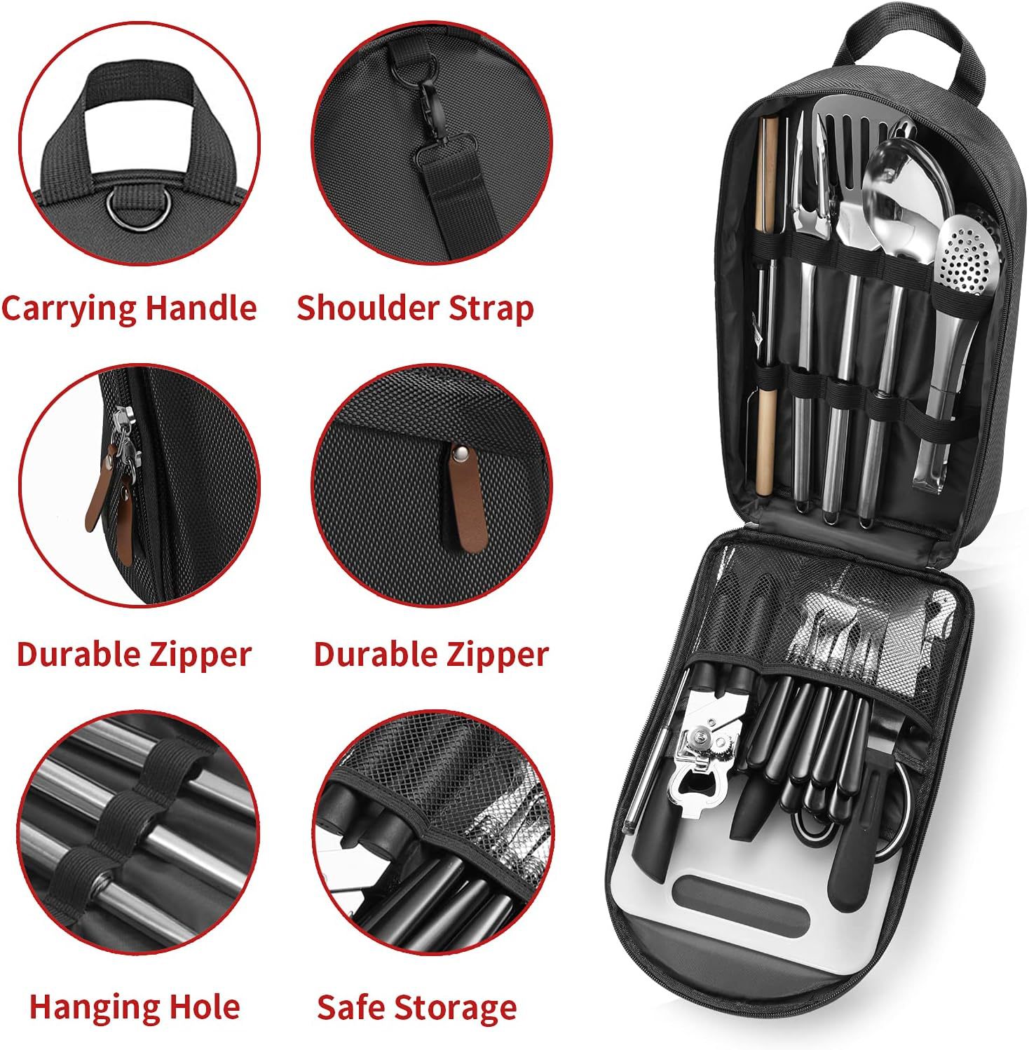 Camping Kitchen Utensil Set-27 Piece Cookware Kit, Stainless Steel Outdoor Cooking and Grilling Utensil Organizer Travel