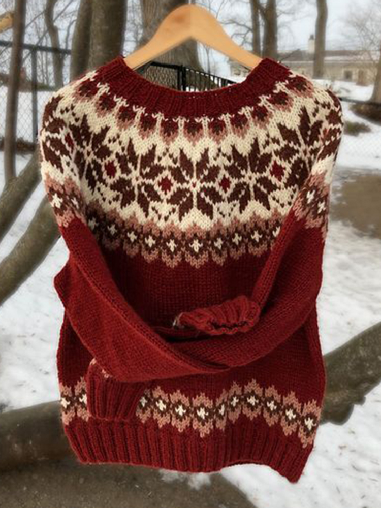 Vintage Christmas Red Icelandic Knit Jacquard Warmth Crew Neck Sweater Unisex