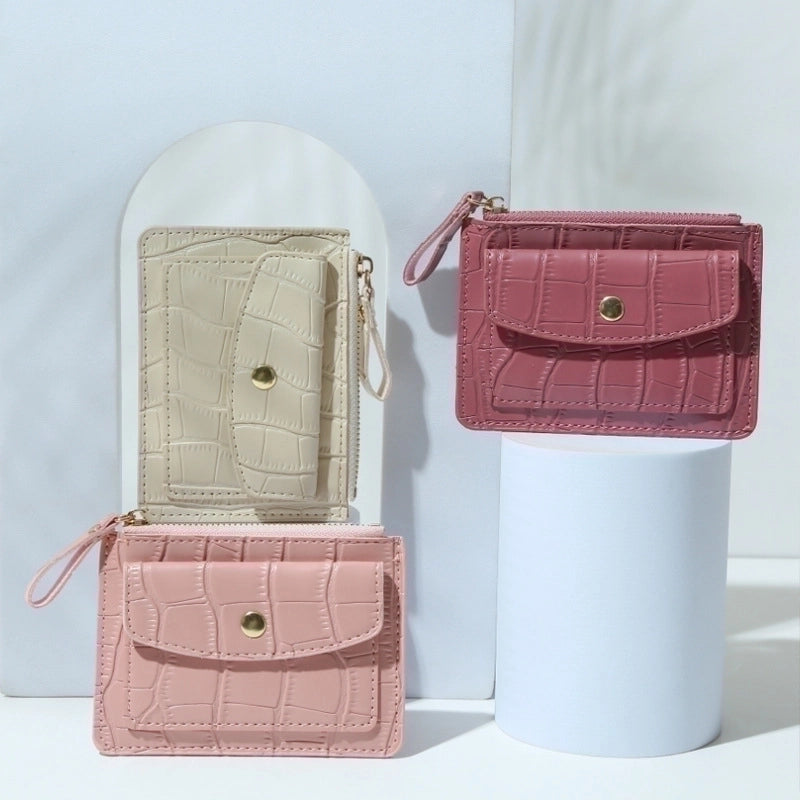 Women's Solid Color Pu Leather Metal Button Zipper Card Holders