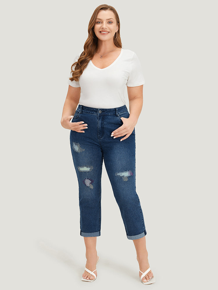 Ripped Embroidered Roll Hem Very Stretchy Jeans