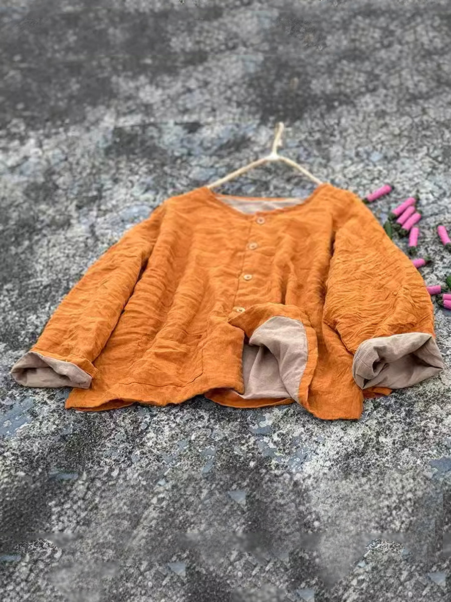 Women Vintage Autumn Pure Color O-Neck Shirt Coat