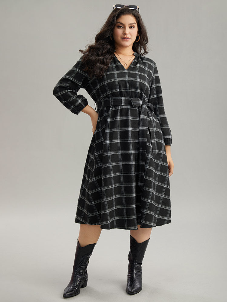 Plaid Notched Elastic Waist Belted Dress