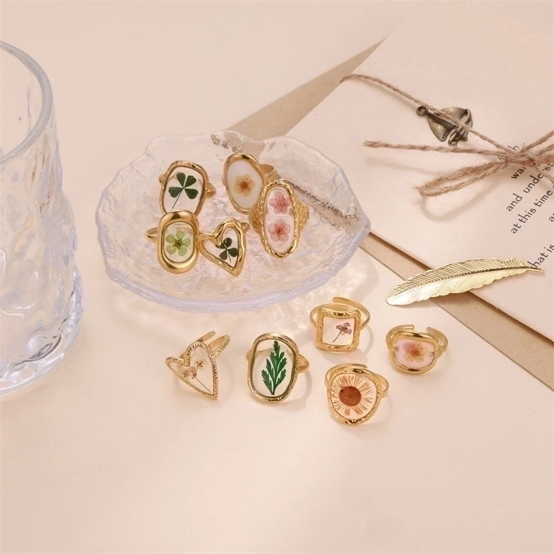 Cute Pastoral Oval Flower 304 Stainless Steel 18K Gold Plated Plating Open Rings