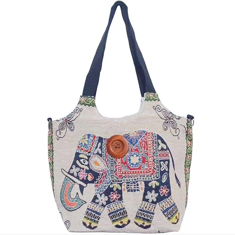 Women's Large Canvas Elephant Ethnic Style Square Zipper Shoulder Bag