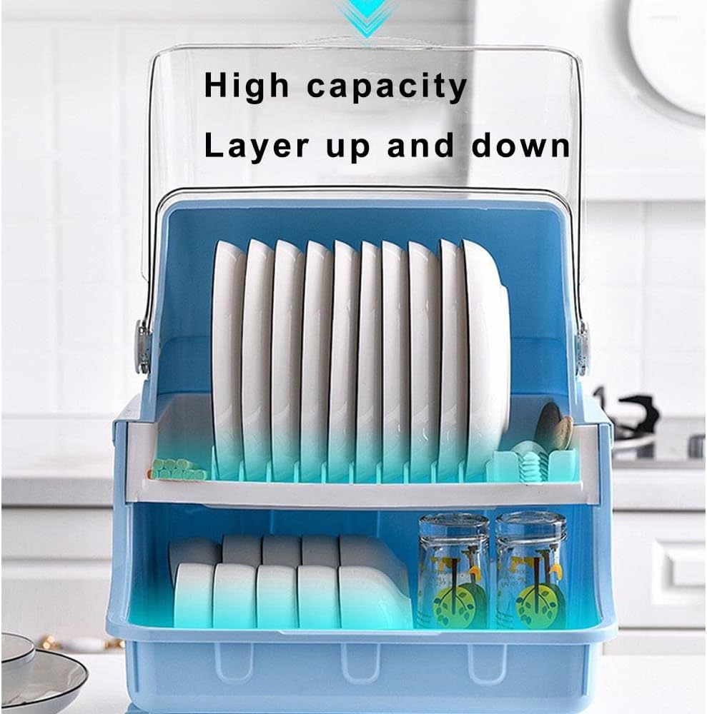 Dish Drying Rack with Lid. 2 Tier Dish Rack with Utensil Holder. Cup Holder and Dish Drainer for Kitchen Counter. Plastic Dish Drainer Shelf with Swivel Spout Dish Rack