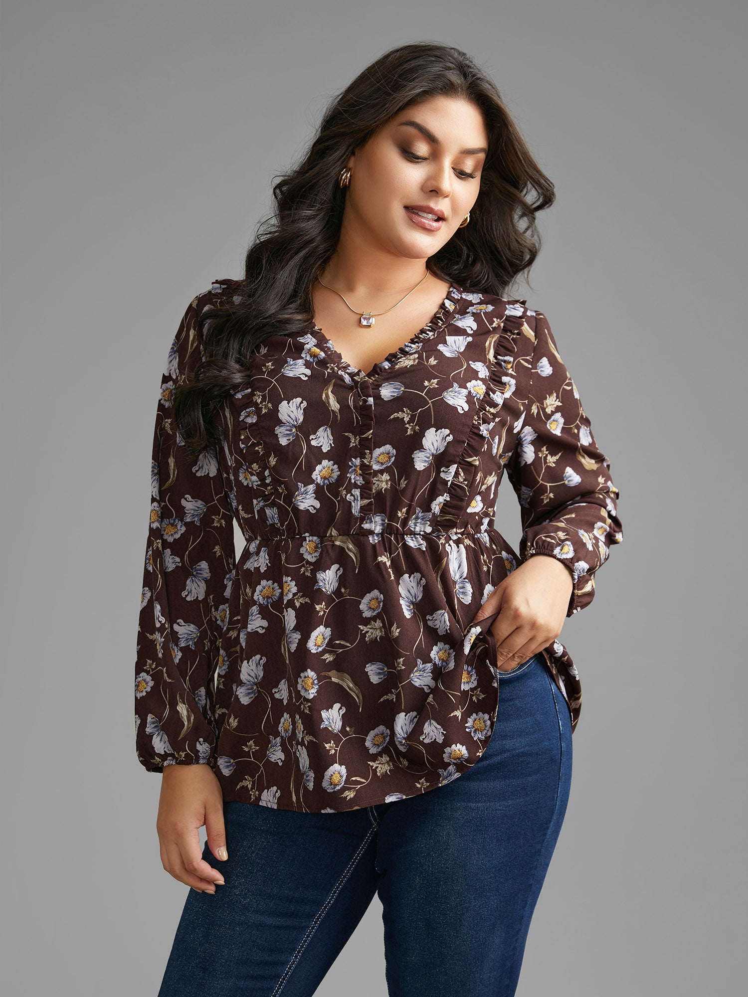 Floral Lantern Sleeve Frill Trim Blouse