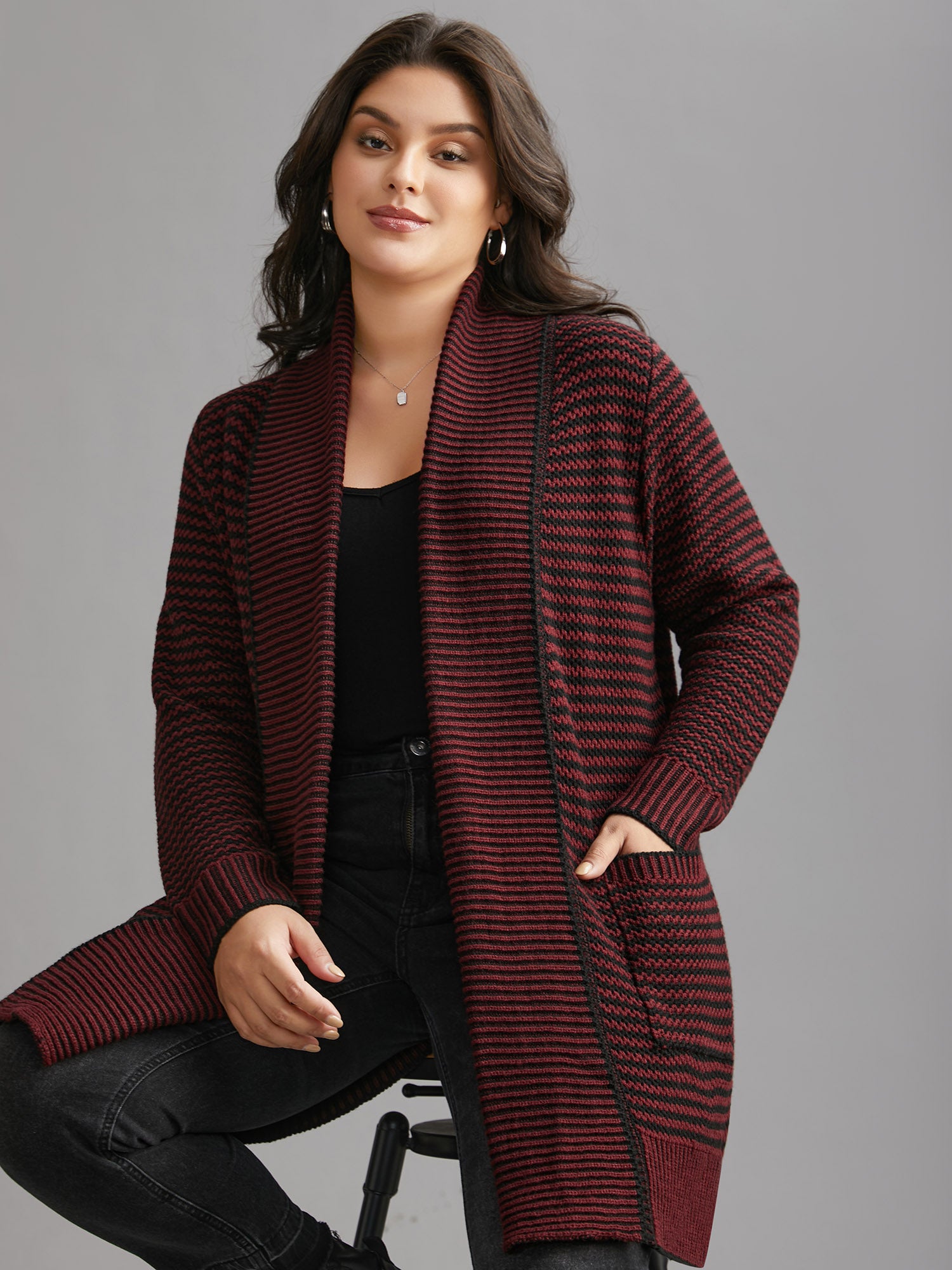 Collared Pockets Open-Front Long Cardigan