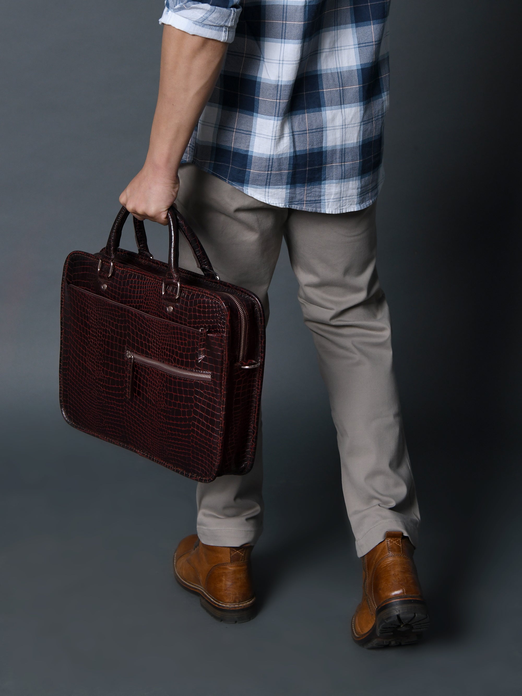 Croco Leather Computer Bag. Dark Brown