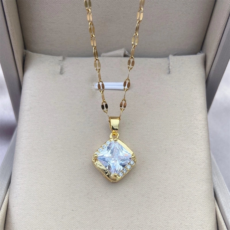 Vintage Style Geometric Stainless Steel Plating Inlay Zircon Pendant Necklace
