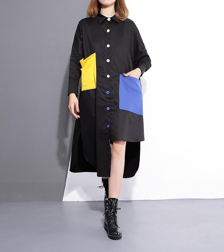 Asymmetrical Yellow And Blue Button Up Shirt Dress