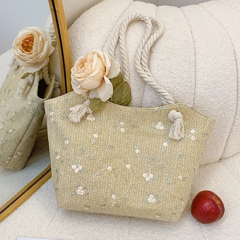 Women's Large Straw Solid Color Basic Classic Style Zipper Straw Bag