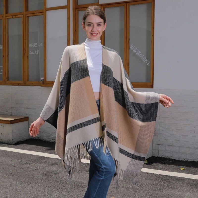 New Tassel Split Shawl Autumn And Winter Women's Simple Plaid Jacquard Scarf Cloak Hot Selling