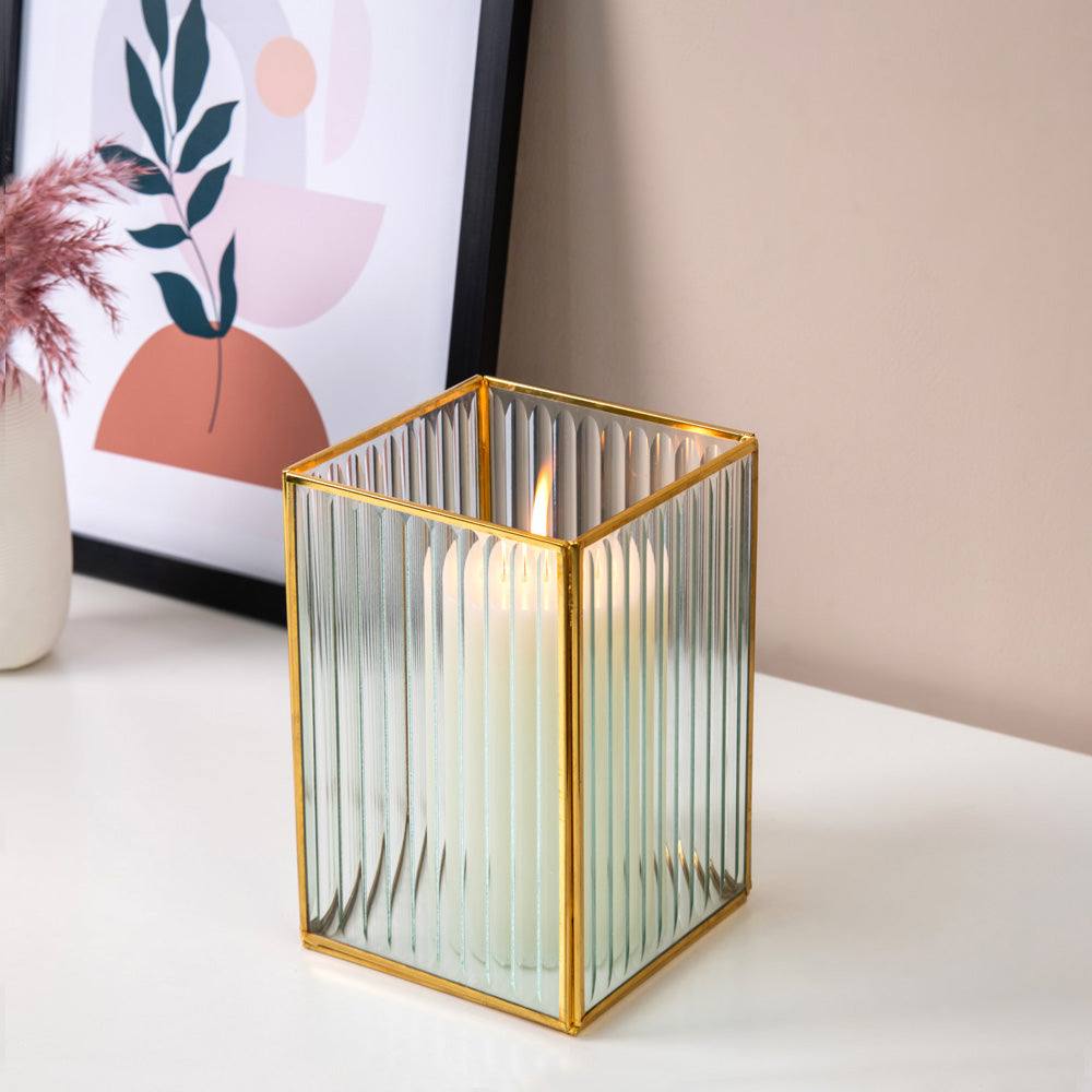 Fluted Glass Hurricane - Gold