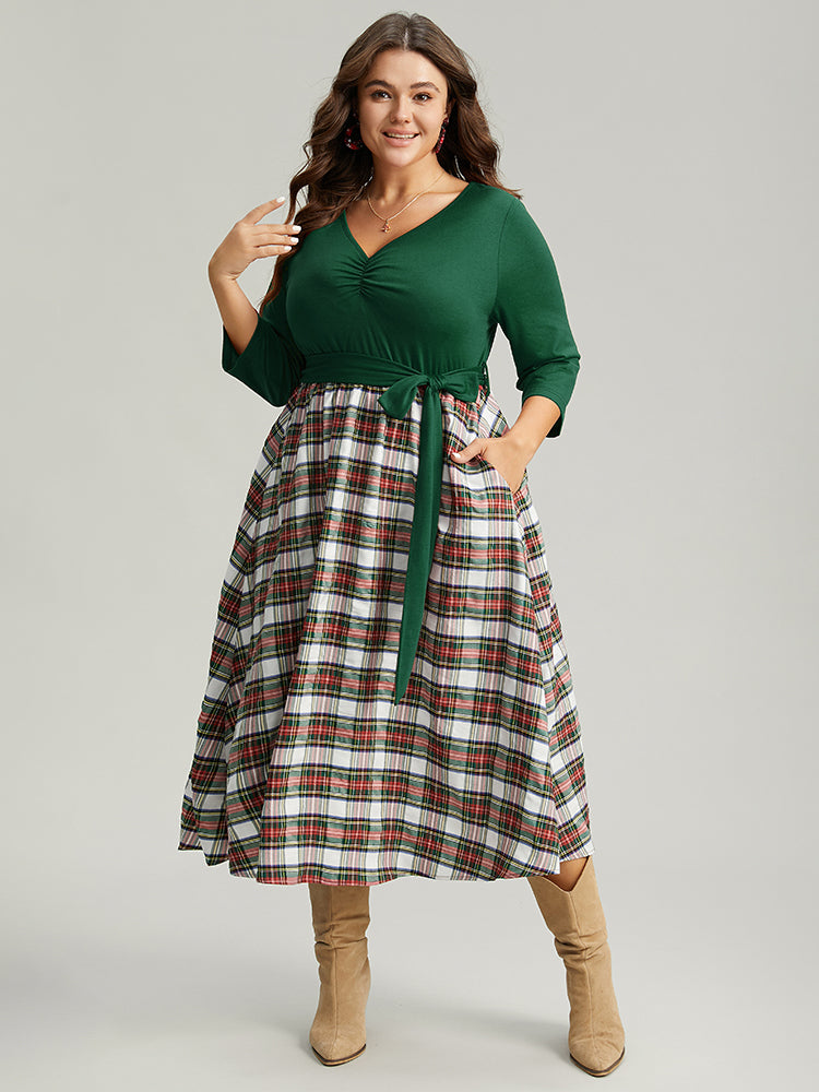 Christmas Plaid Patchwork Ruched Belted Dress