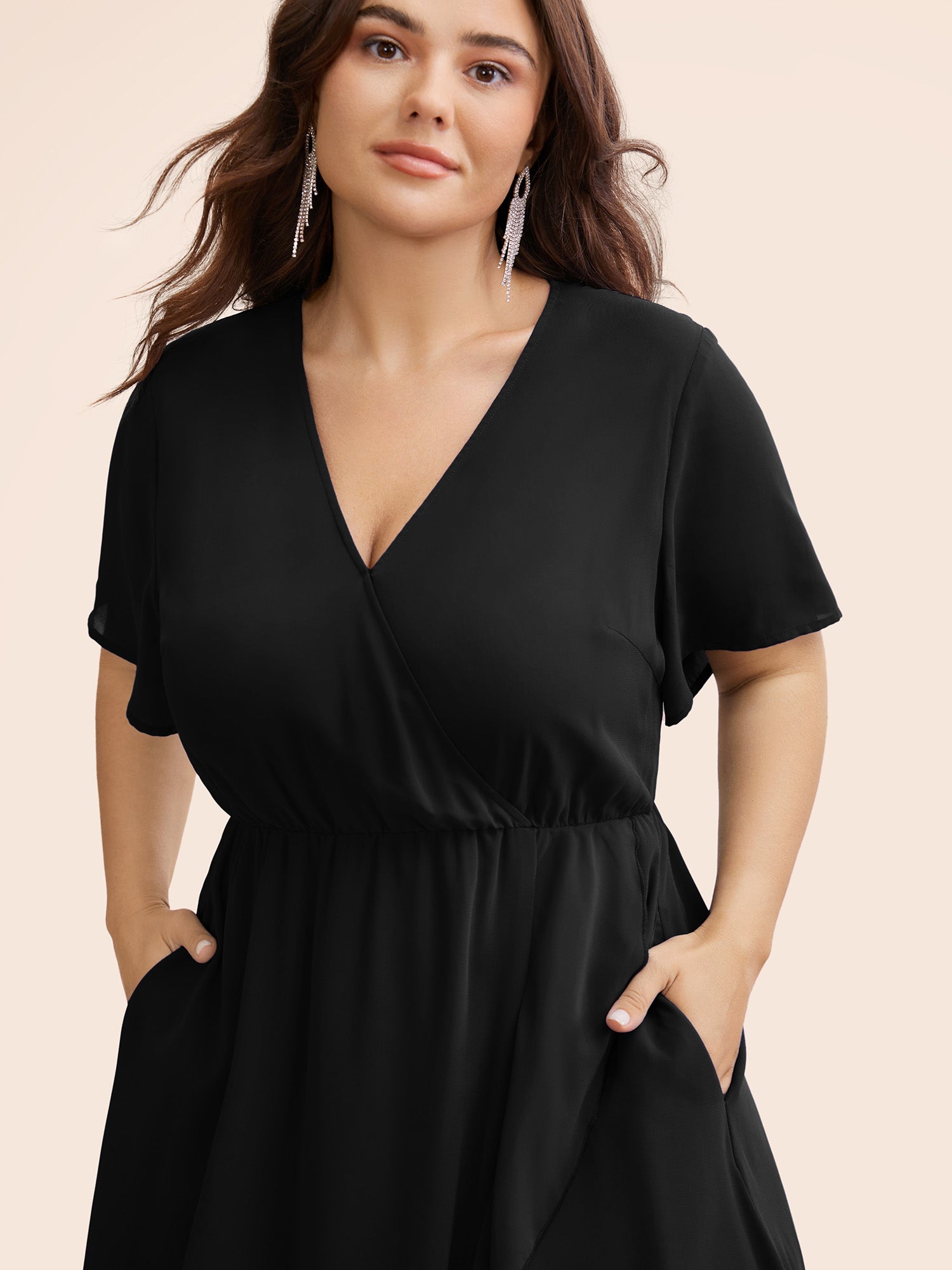 Chiffon Overlap Collar Ruffle Sleeve Dress