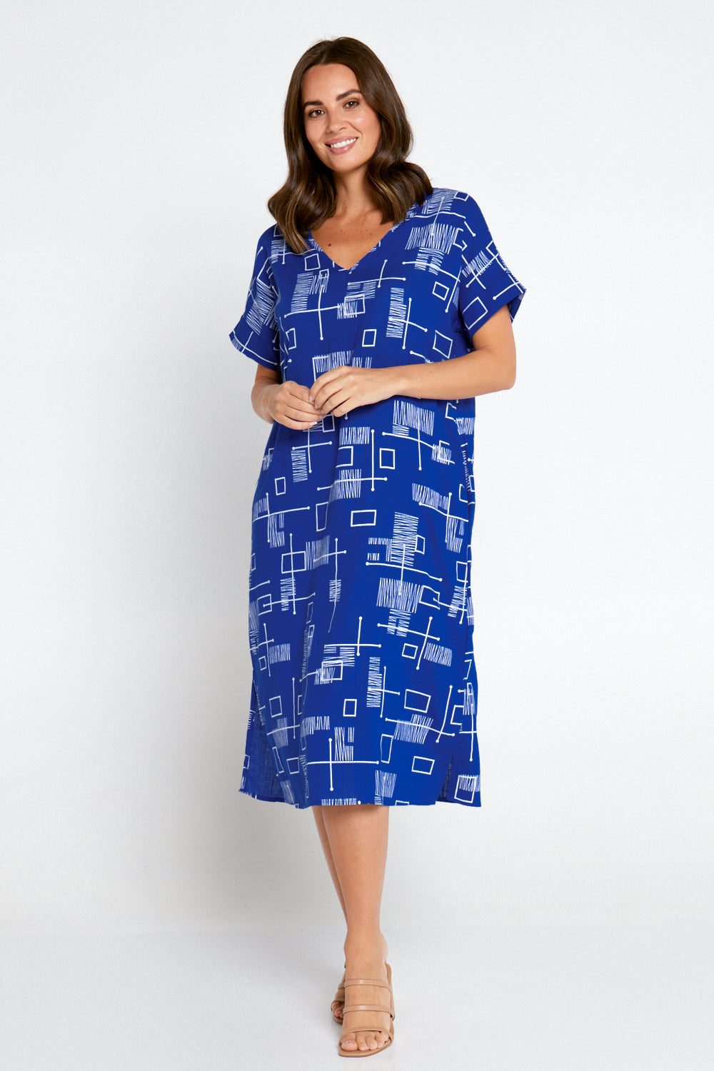 Esiteri Linen Dress - Royal Blue Geo