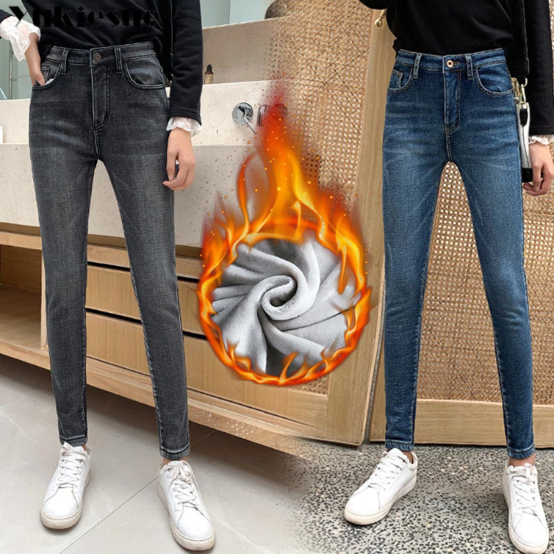 Thick Velvet High Waist Skinny Jeans For Women