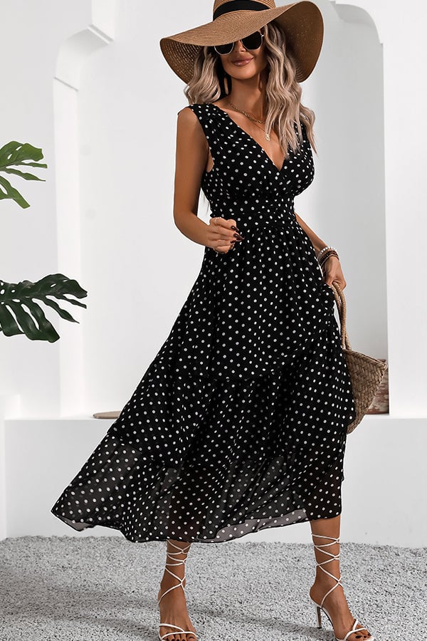Fashion Polka Dots Print V Neck Maxi Dress