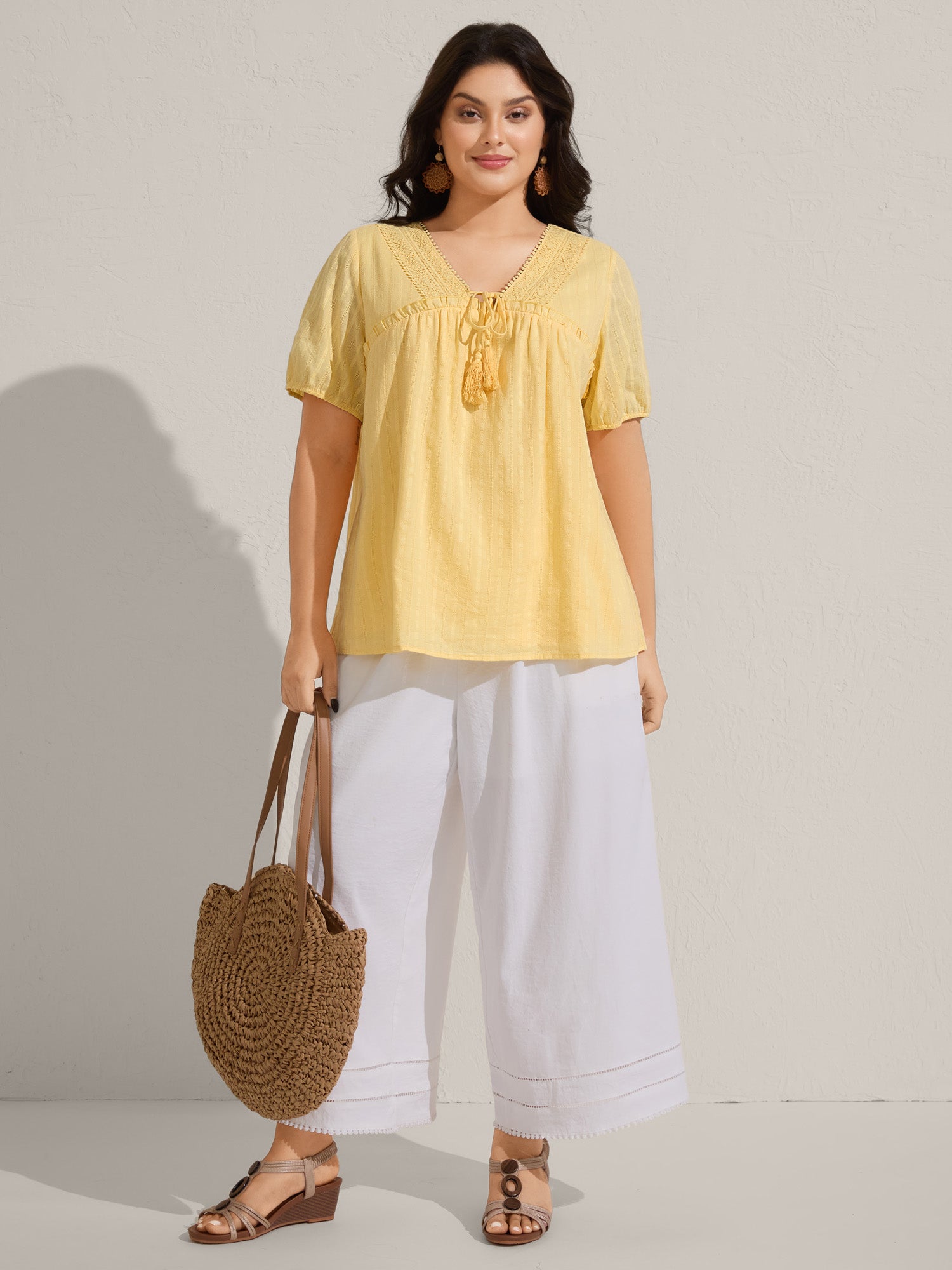 Cotton Textured Lace Trim Neck-Tie Blouse