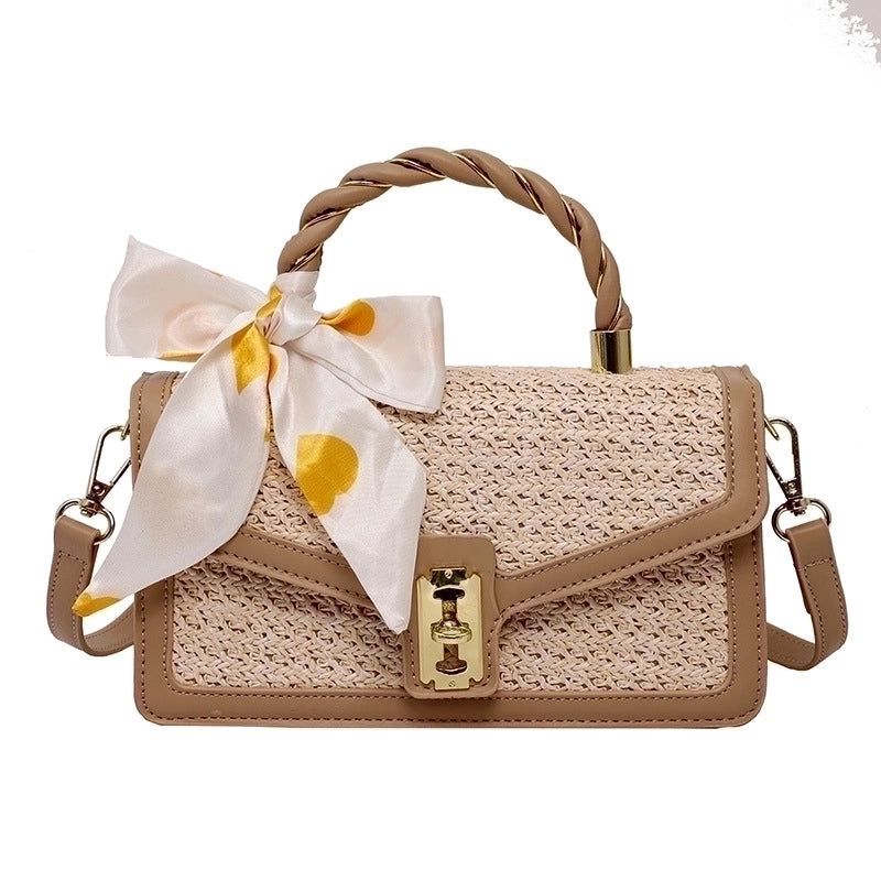 Women's Medium Straw Solid Color Fashion Ribbon Square Flip Cover Crossbody Bag