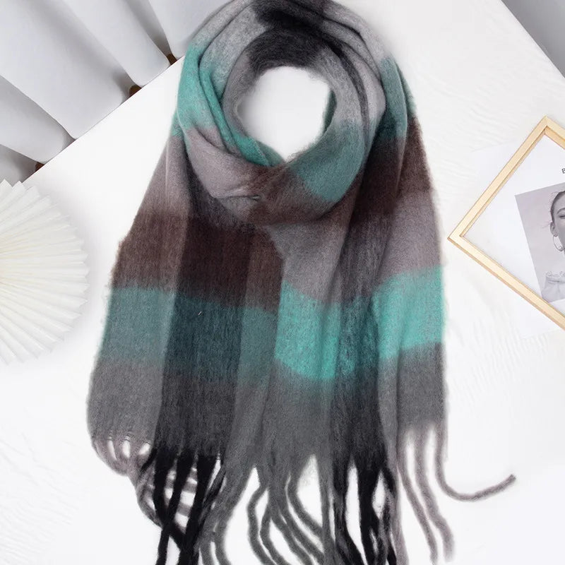 Autumn And Winter New Thick Warm Color Plaid Scarf Loop Yarn Thick Tassel Color Matching Ac Shawl Scarf Women
