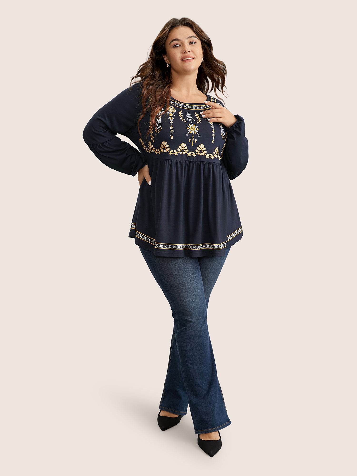 Bandana Embroidered Round Neck Lantern Sleeve T-shirt