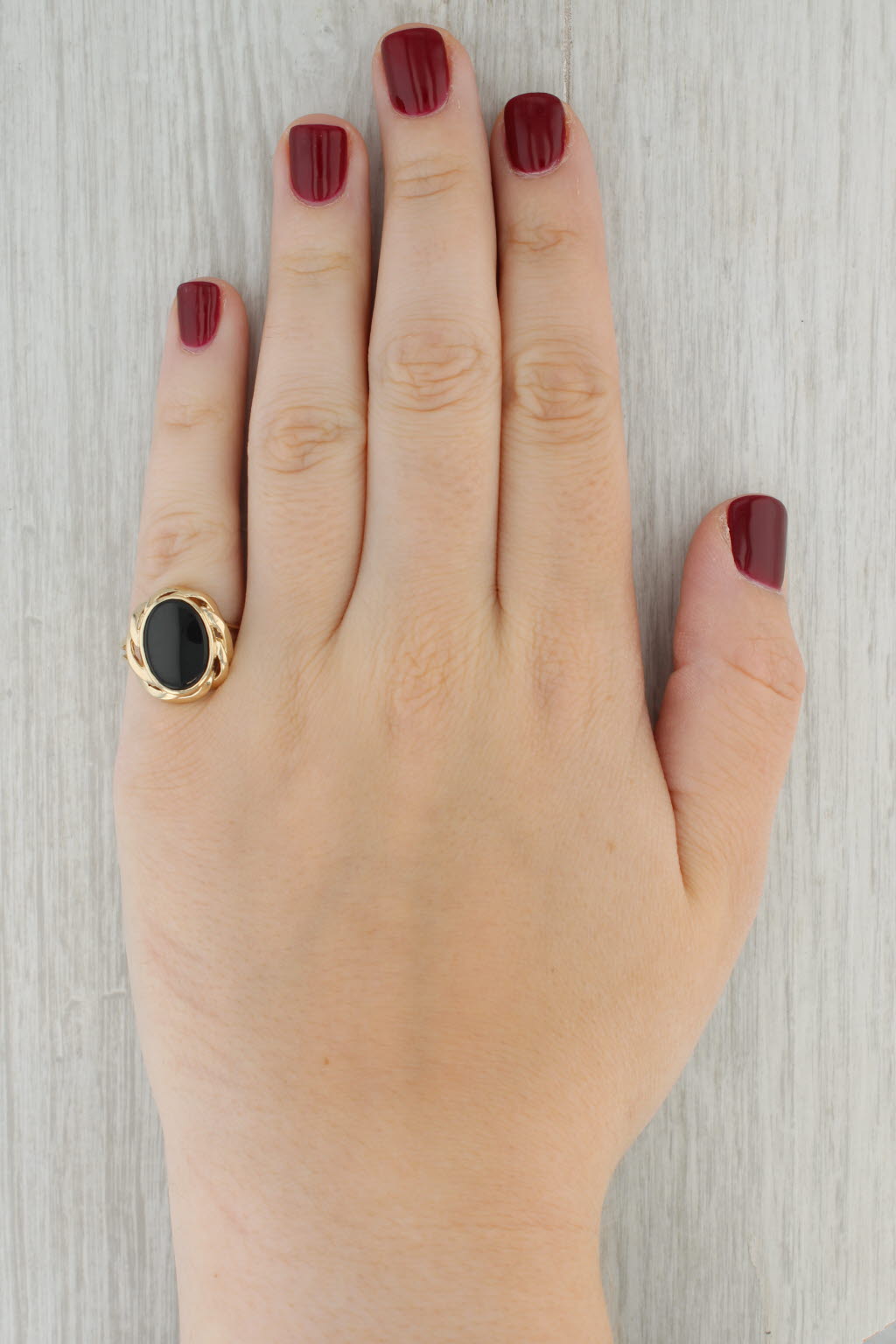 Black Onyx Oval Tablet 10K Yellow Gold Statement Ring Size 6.75