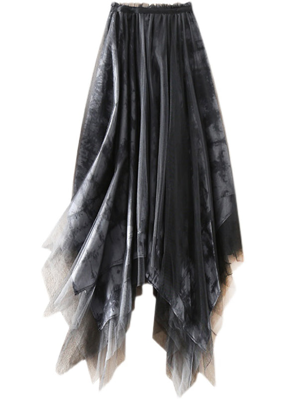 French Black Asymmetrical Tie Dye Tulle Skirts Spring