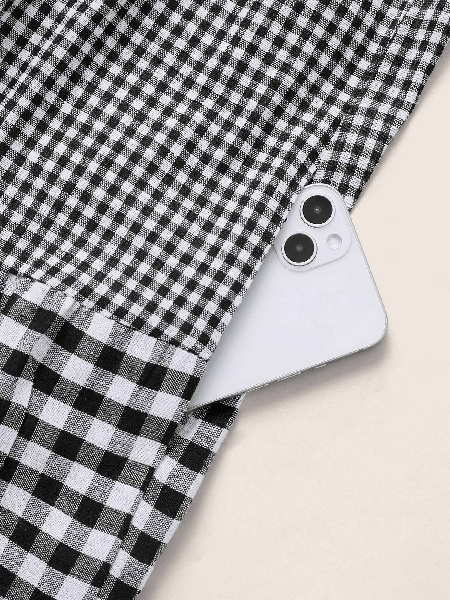 Gingham Patchwork V Neck Pocket Ruffles Dress