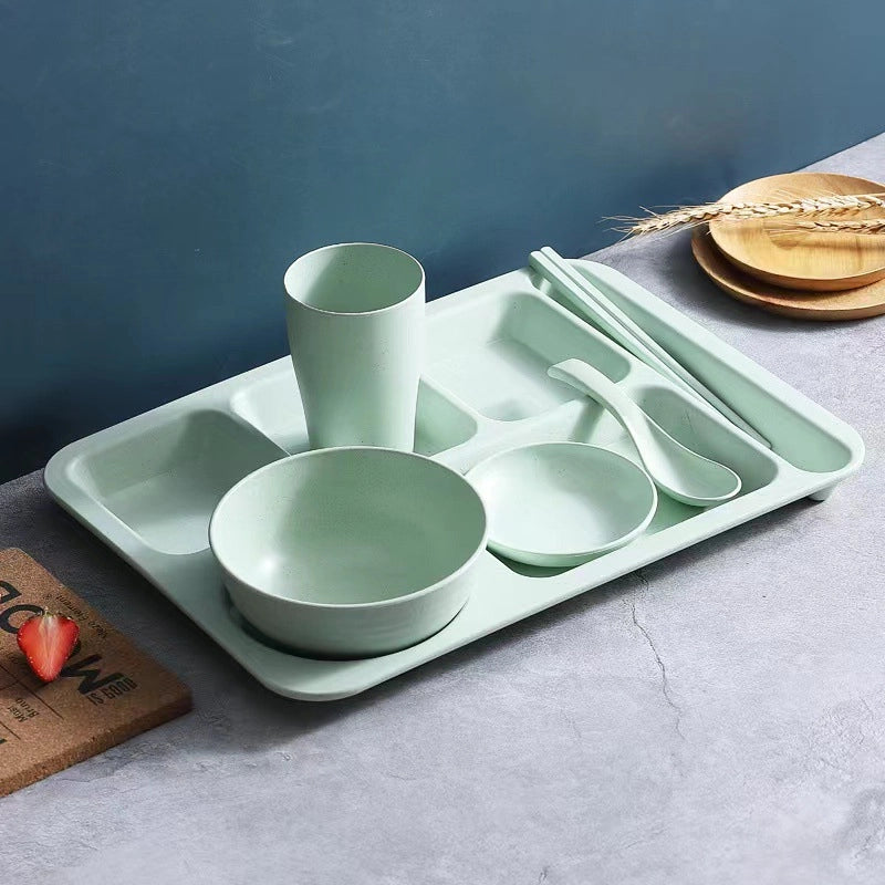 Creative Wheat Straw Dinner Plate Set Household Adult And Student's Split Fast Food Plate Thickened Canteen Rice Plate Bowl Cup And Saucer