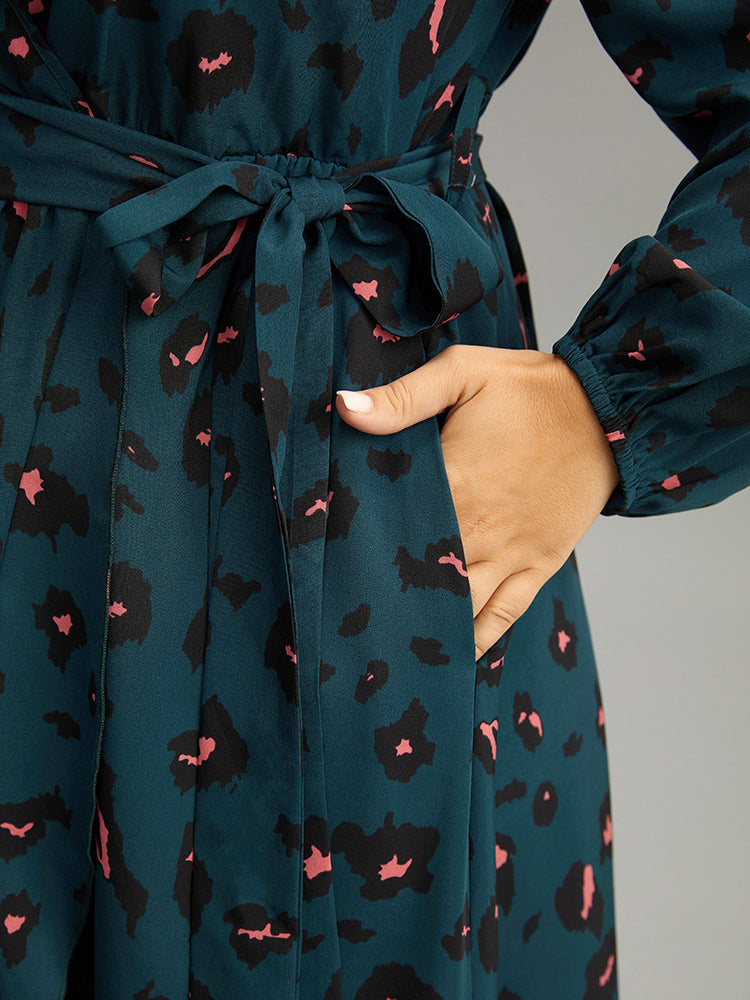 Allover Print Surplice Neck Flutter Trim Dress