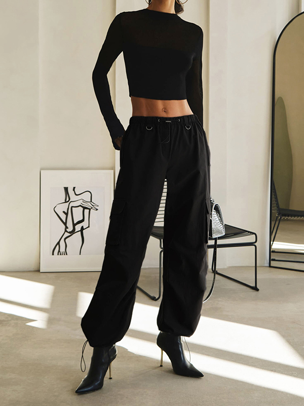 High Waisted Loose Drawstring Elasticity Pockets Split-Joint Pants Trousers