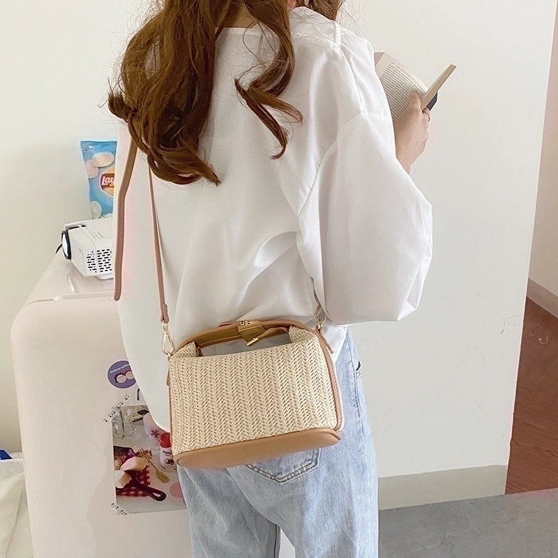 Women's Small Straw None Streetwear Weave Bucket Zipper Women's Handbag Square Bag