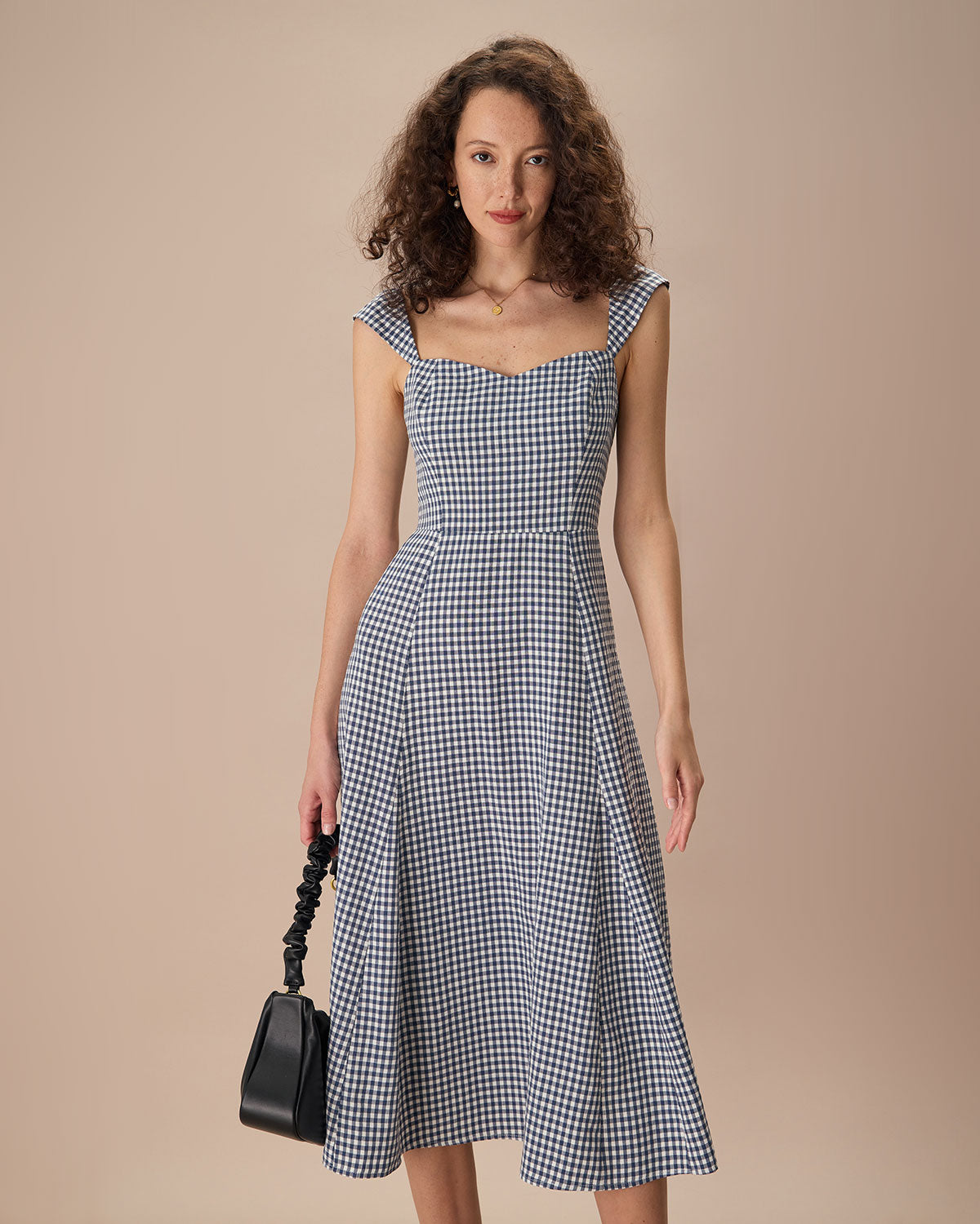 The Navy Plaid Shirred Back Midi Dress