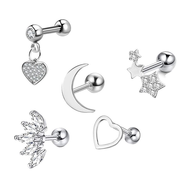 Minimalist Heart Shape Stainless Steel Plating Zircon Ear Studs 5 Piece Set