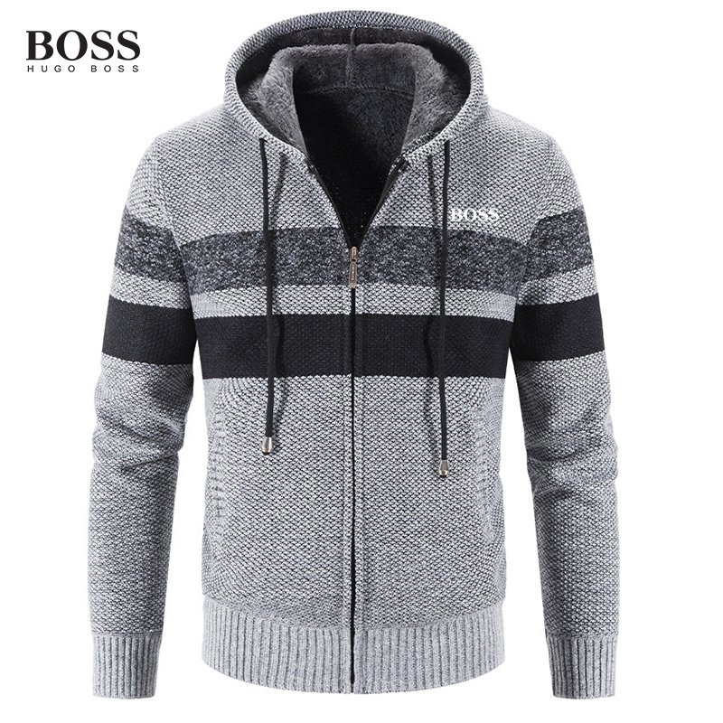 BOSS Men-s STRIPED ZIP UP HOODED SWEATER