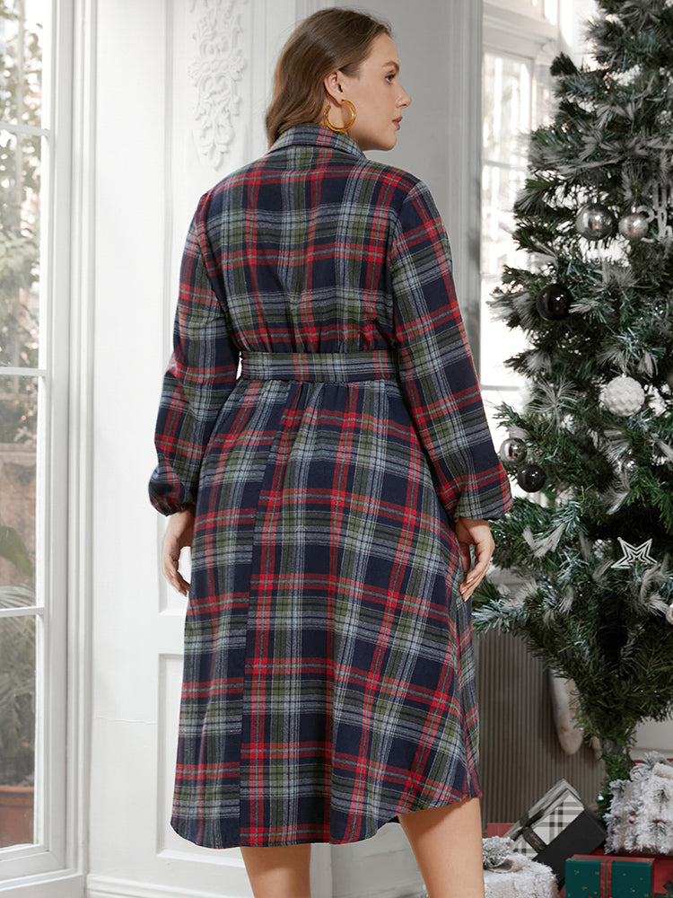Plaid Button Detail Pocket Belted Arc Hem Dress