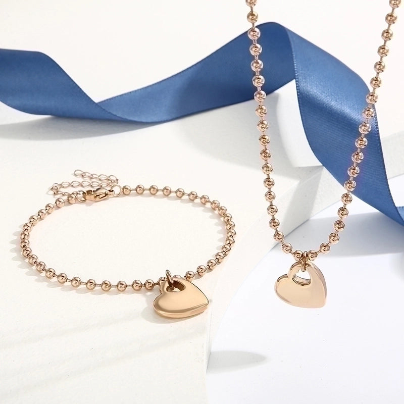 Sweet Heart Shape Stainless Steel 18K Gold Plated Beaded Bracelets Necklace