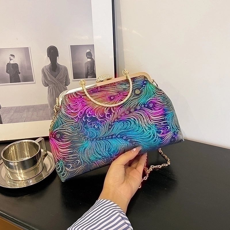 Women's Cloth Color Block Elegant Classic Style Sewing Thread Chain Shell Buckle Evening Bag