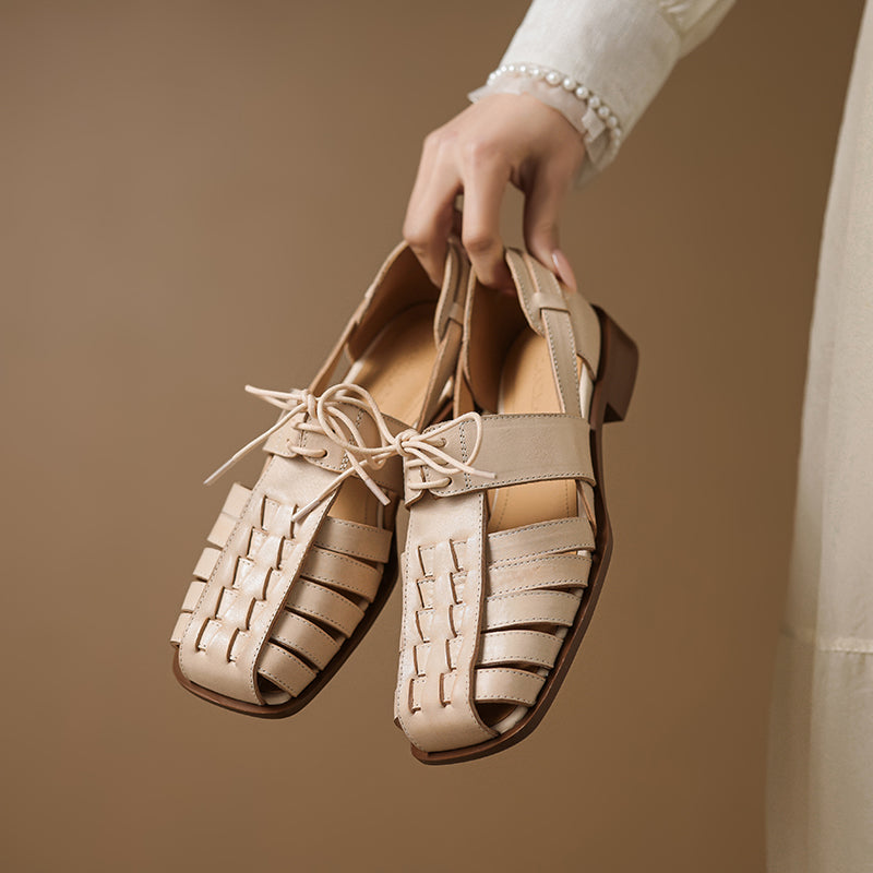 Designer Lace-Up Genuine Leather T-Strap Gladiator Fisherman Sandals for Women in Apricot/Black
