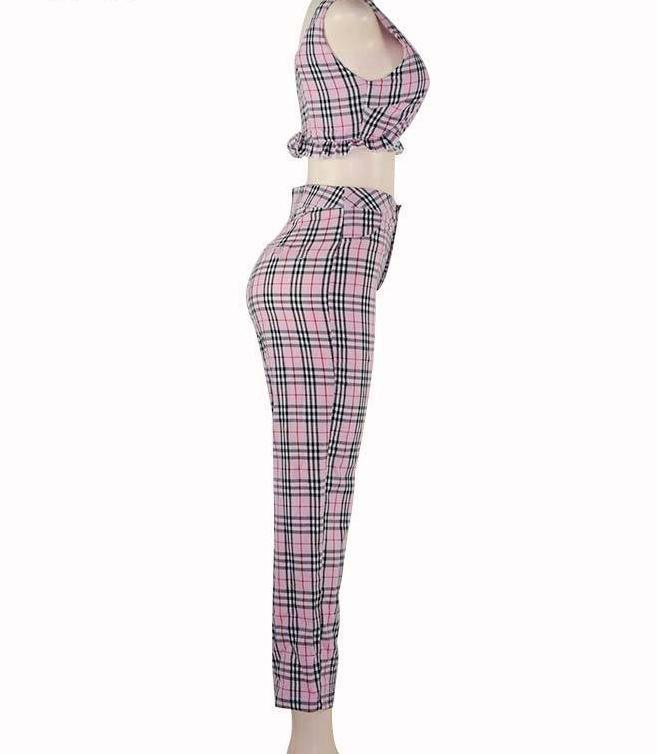 Pink Plaid Crop Top & Trousers Set