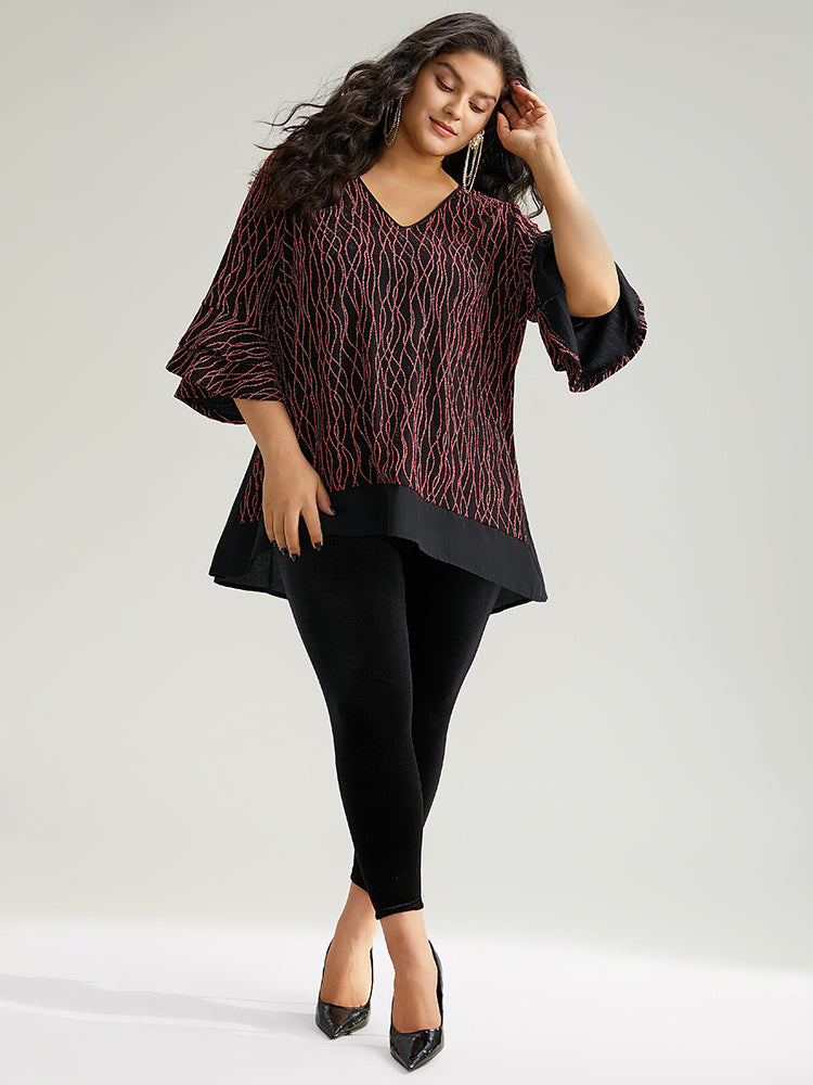 Lurex Layered Ruffle Sleeve Patchwork Blouse