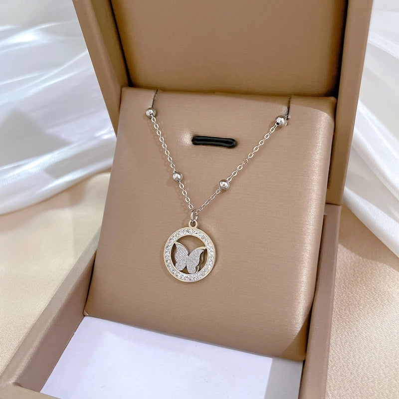 Minimalist Circle Letter Butterfly Titanium Steel Plating Inlay Rhinestones Necklace