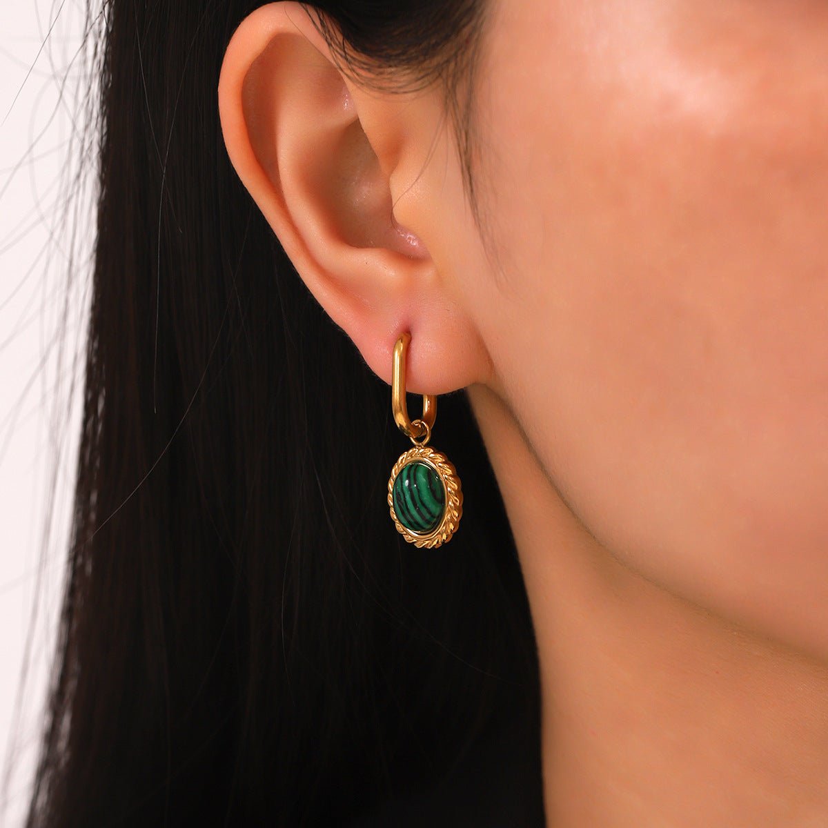 Retro Style Twisted Oval Stainless Steel Inlaid Malachite Pendant Earrings For Women