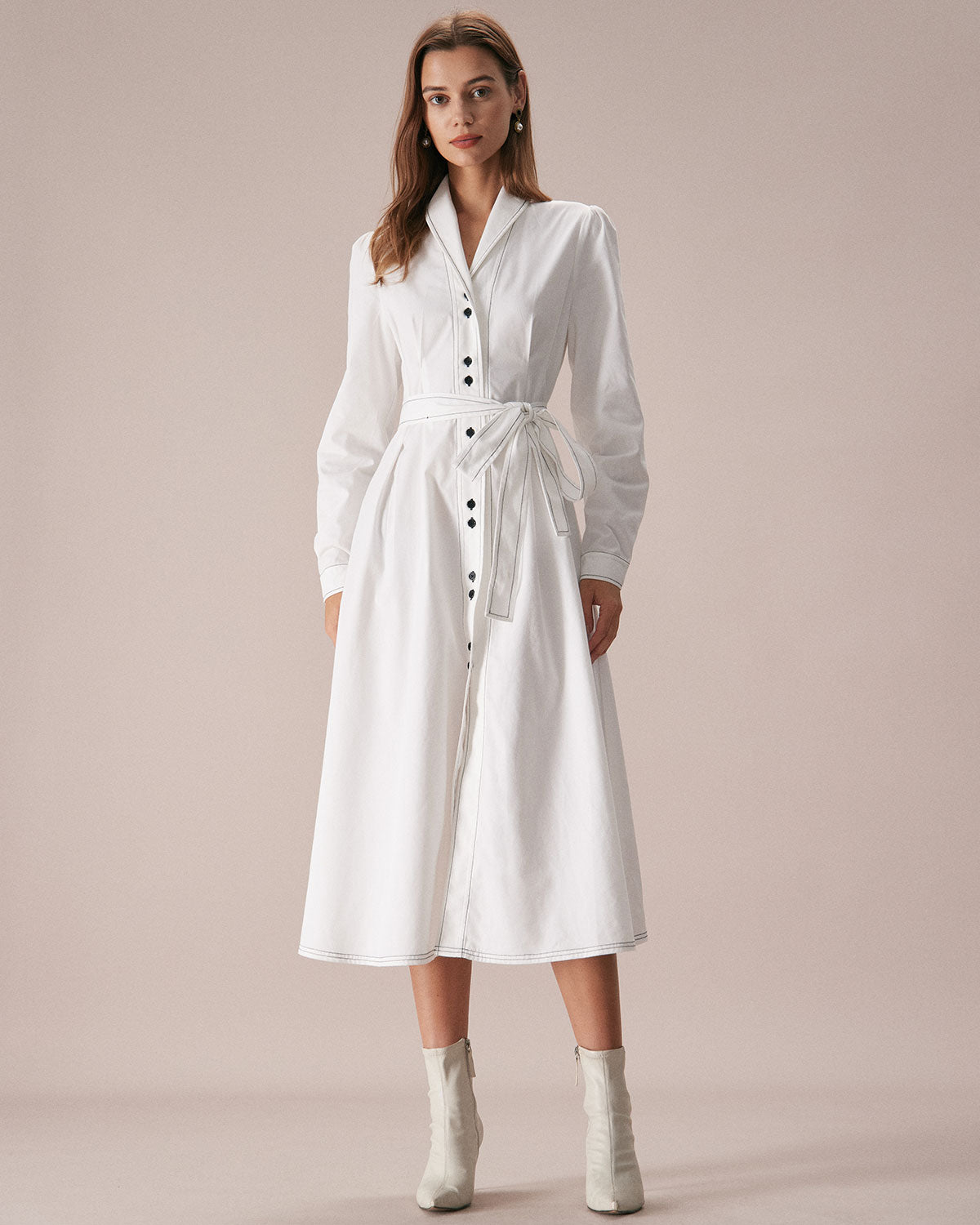 The White Lapel Contrast Stitch Midi Dress