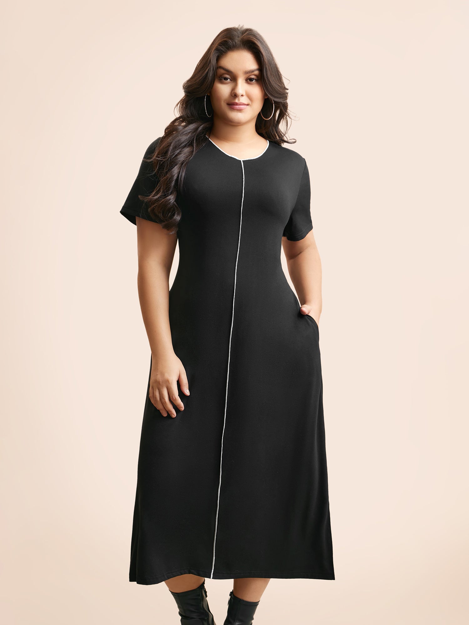 Round Neck Contrast Topstitching Slit Hem Dress
