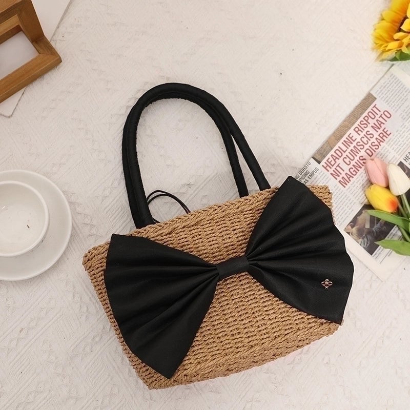 Women's Medium Straw Bow Knot Vintage Style Square String Straw Bag