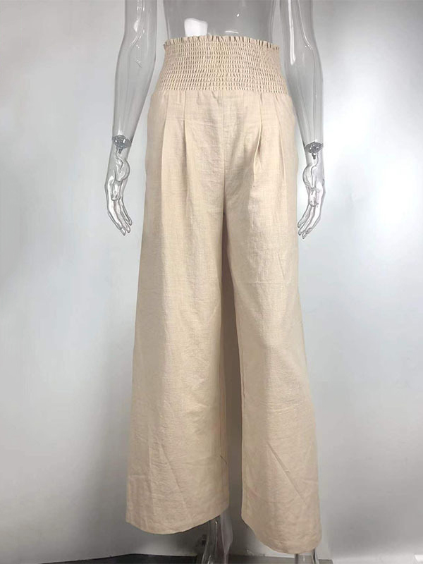 Simple Casual Solid Color Ramie Cotton Wide Legs Pants